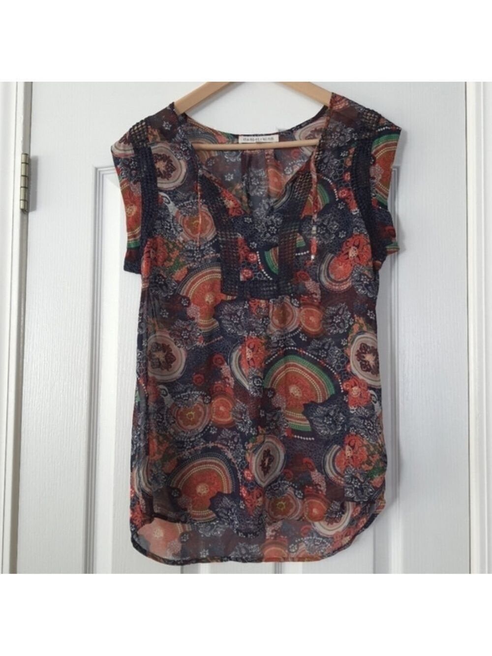 Anthropologie Daniel Rainn Multi Color Print Sleeveless Top Womens S Sheer Vneck